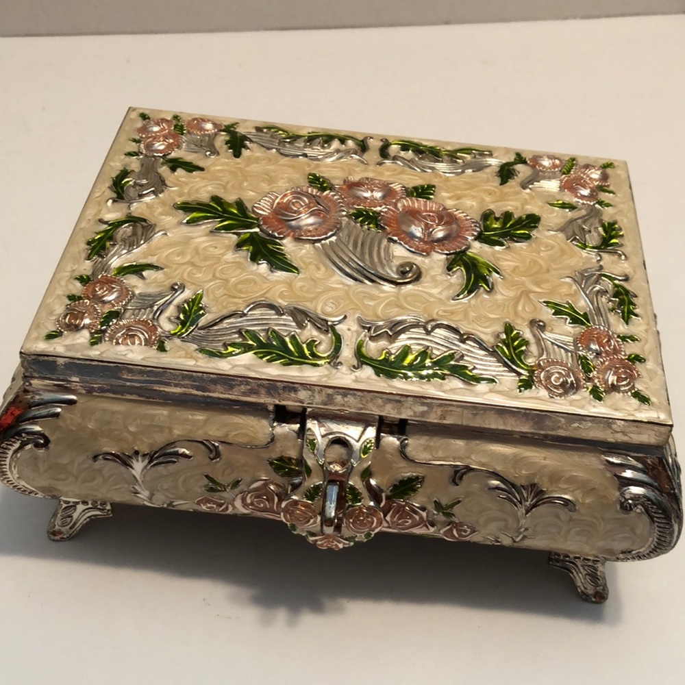Enameled silver plated flowered footed jewelry box